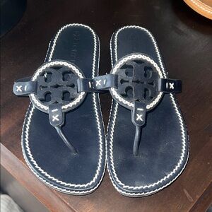 Tory Burch Navy Leather Logo Thong Sandals with White Stitching